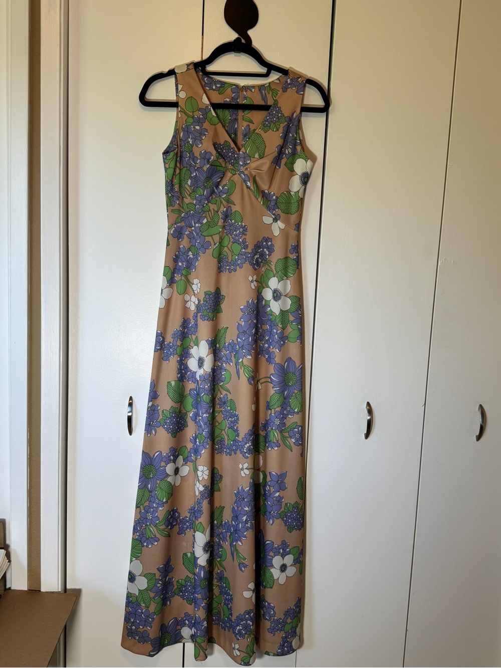 Authentic Vintage Sleeveless Floral Maxi Dress in Tan with Purple & Green Print